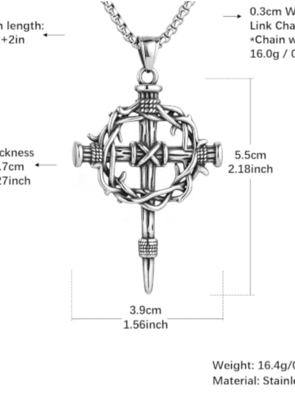 Stainless Steel Crown of Thorns Cross Necklace 22in Box Chain - Picture 5 of 5